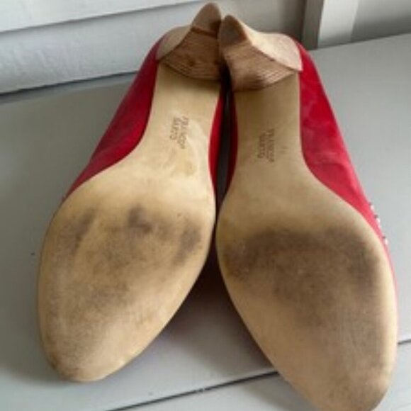 Franco Sarto Fanatic Red Leather Studded Peep Toe Pumps Stacked Heel Size 10M - Picture 10 of 14